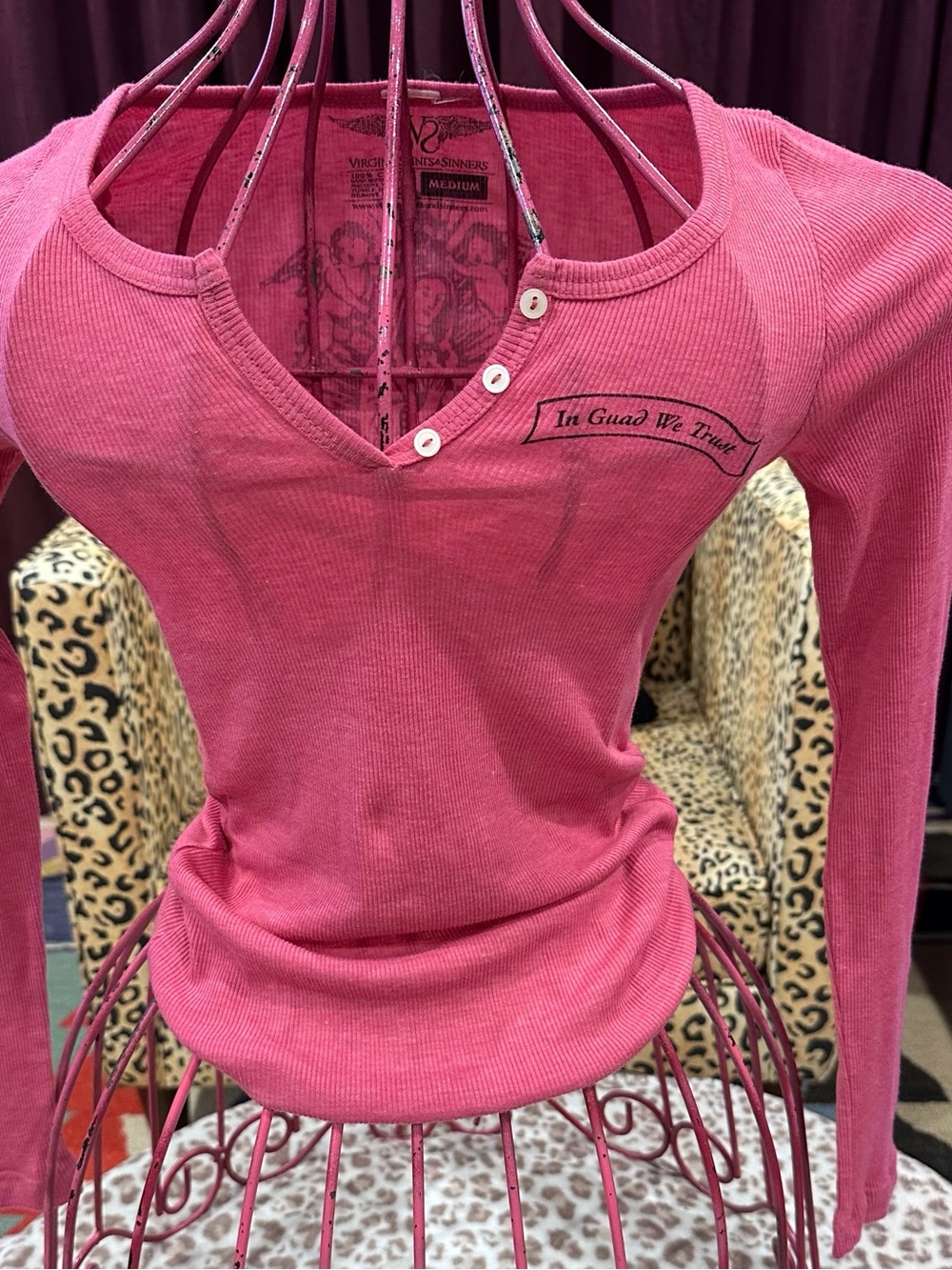 Vintage Virgin Saints & Sinners  Rose Pink Ribbed Henley Long Sleeve Top